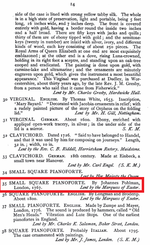 Catalog Kensington Museum Exhibition 1872 - Pohlman square piano 1767