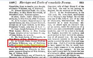 Announcement of George Wilkinson and Elizabeth Broadhurst in The Gentleman's Magazine of 1809